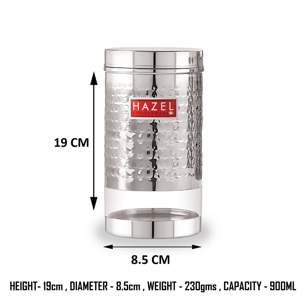 Hammered stainless steel storage container with transparent base, 19 cm height and 8.5 cm diameter