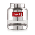 Front view of a single steel airtight container with transparent lower body on a plain white background.