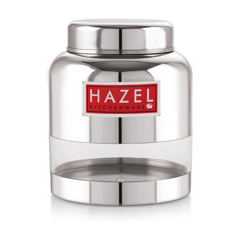 Front view of a single steel airtight container with transparent lower body on a plain white background.