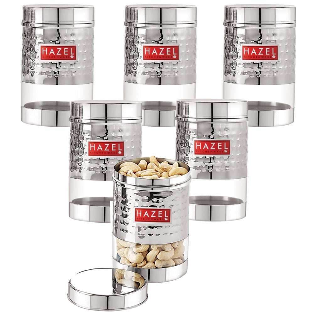 Stainless Steel Hammered Finish Transparent Container (Glossy)- Set of 6, 600 ML Each