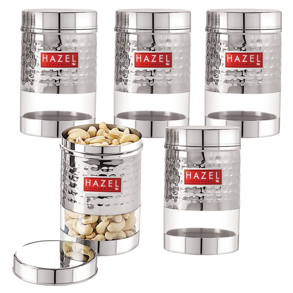 Stainless Steel Hammered Finish Transparent Container (Glossy)- Set of 5, 600 ML Each