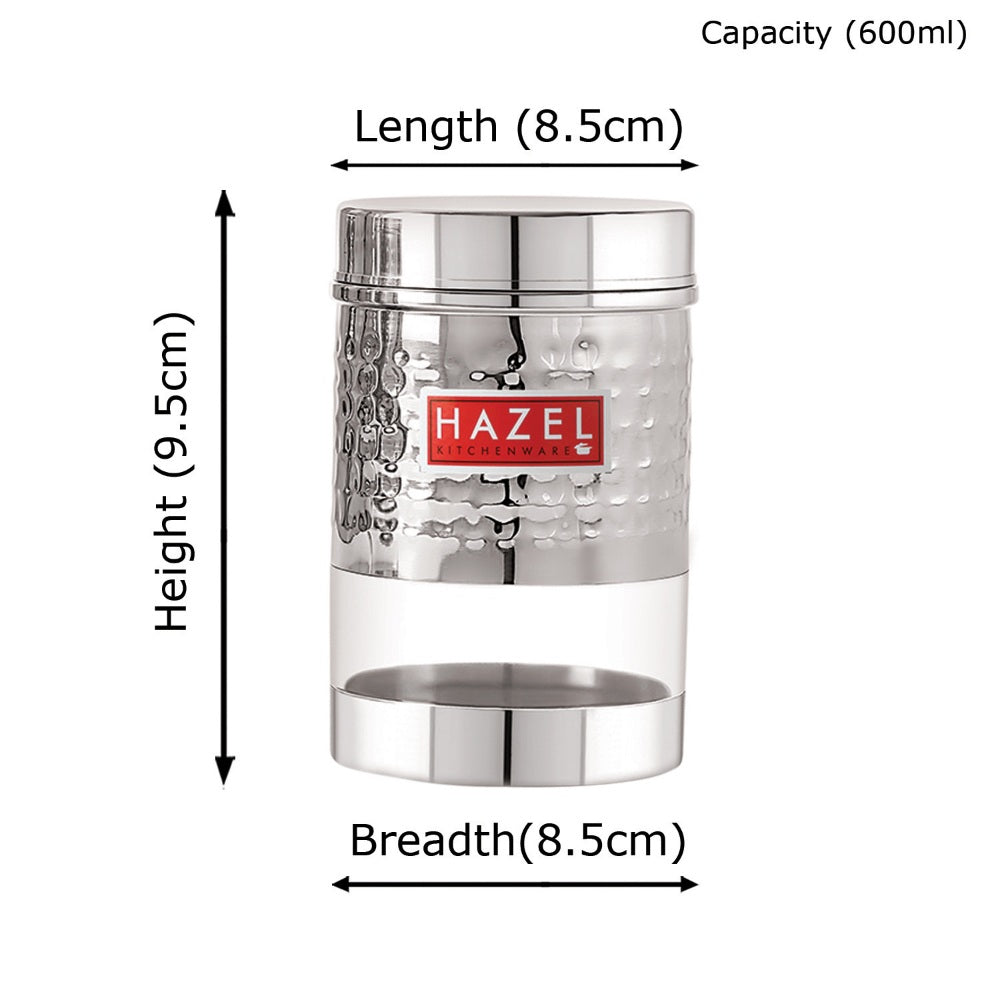 Stainless Steel Hammered Finish Transparent Container (Glossy)- Set of 5, 600 ML Each