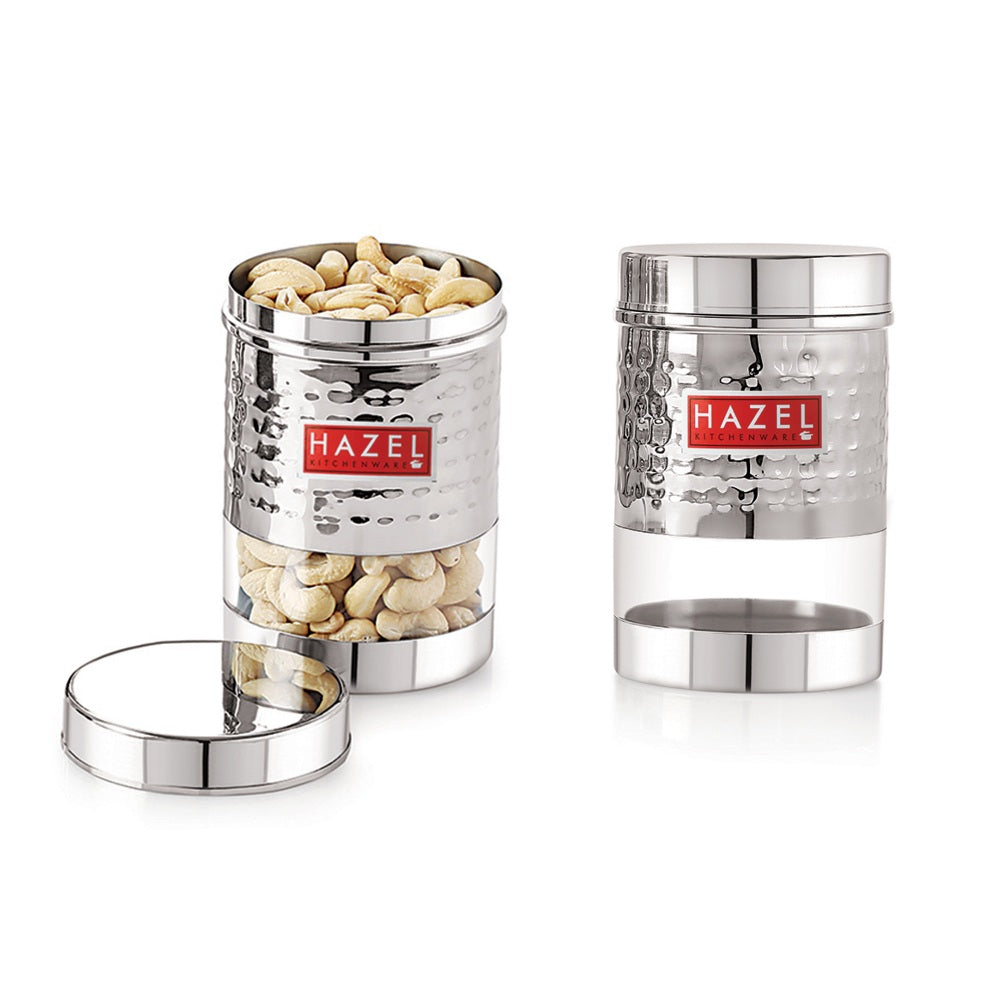 Stainless Steel Hammered Finish Transparent Container (Glossy)- Set of 2, 600 ML Each