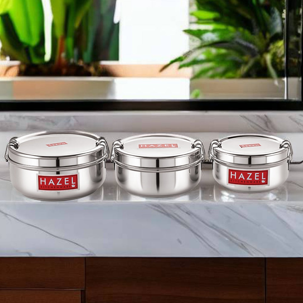 Stainless Steel Lunch Container With Locking Clip, Set of 3 - 350, 500 & 700 ML