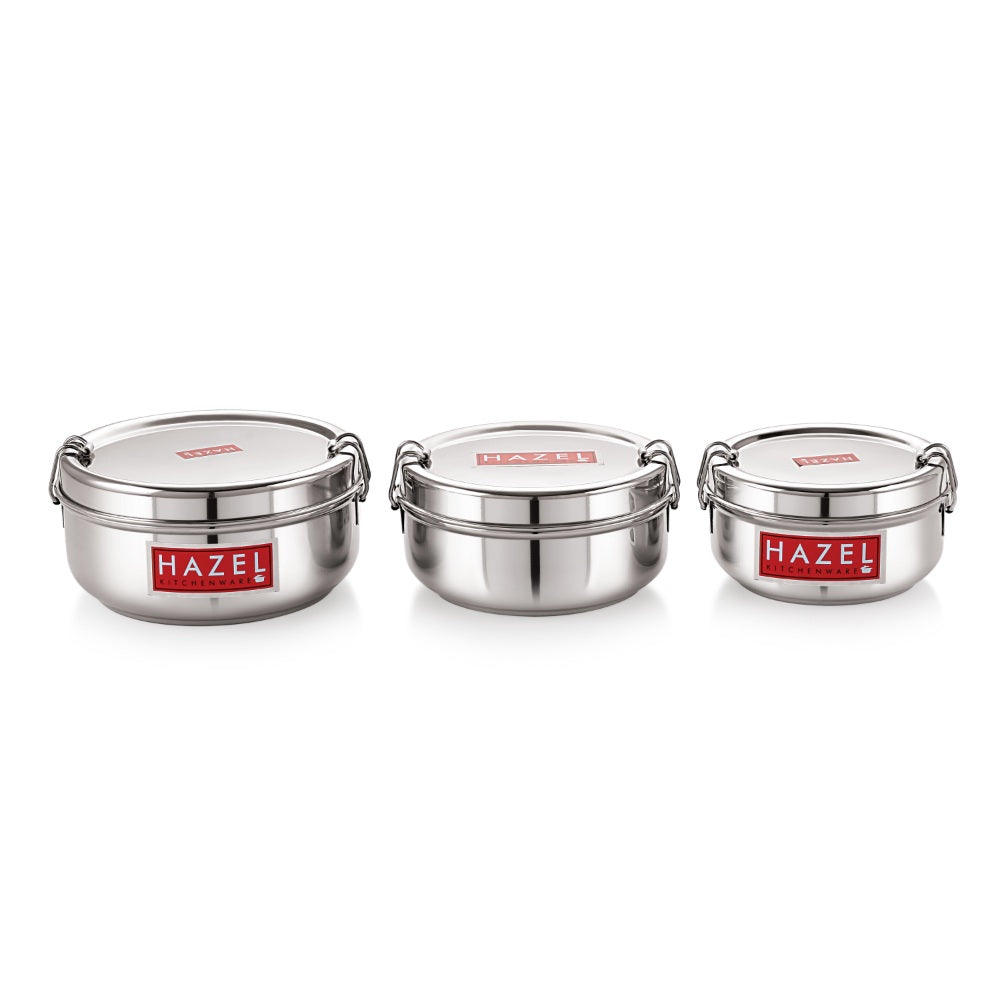 Stainless Steel Lunch Container With Locking Clip, Set of 3 - 350, 500 & 700 ML