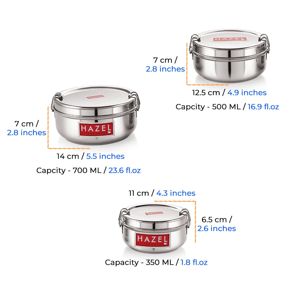 Stainless Steel Lunch Container With Locking Clip, Set of 3 - 350, 500 & 700 ML