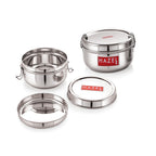 Stacked stainless steel tiffin box with a separate lid and ring on a plain white background.