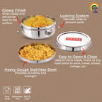 Marketing graphic with feature callouts like locking system and heavy gauge steel over food-filled tiffins.
