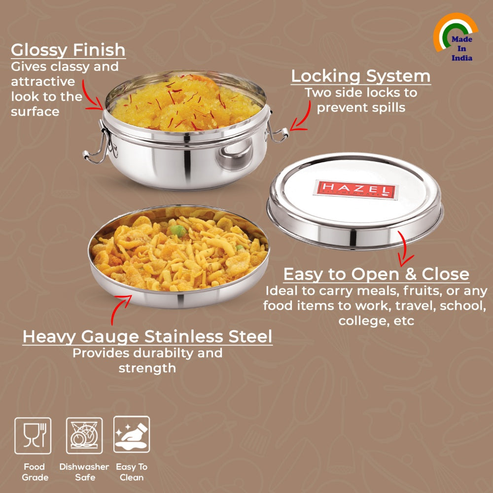 Marketing graphic with feature callouts like locking system and heavy gauge steel over food-filled tiffins.
