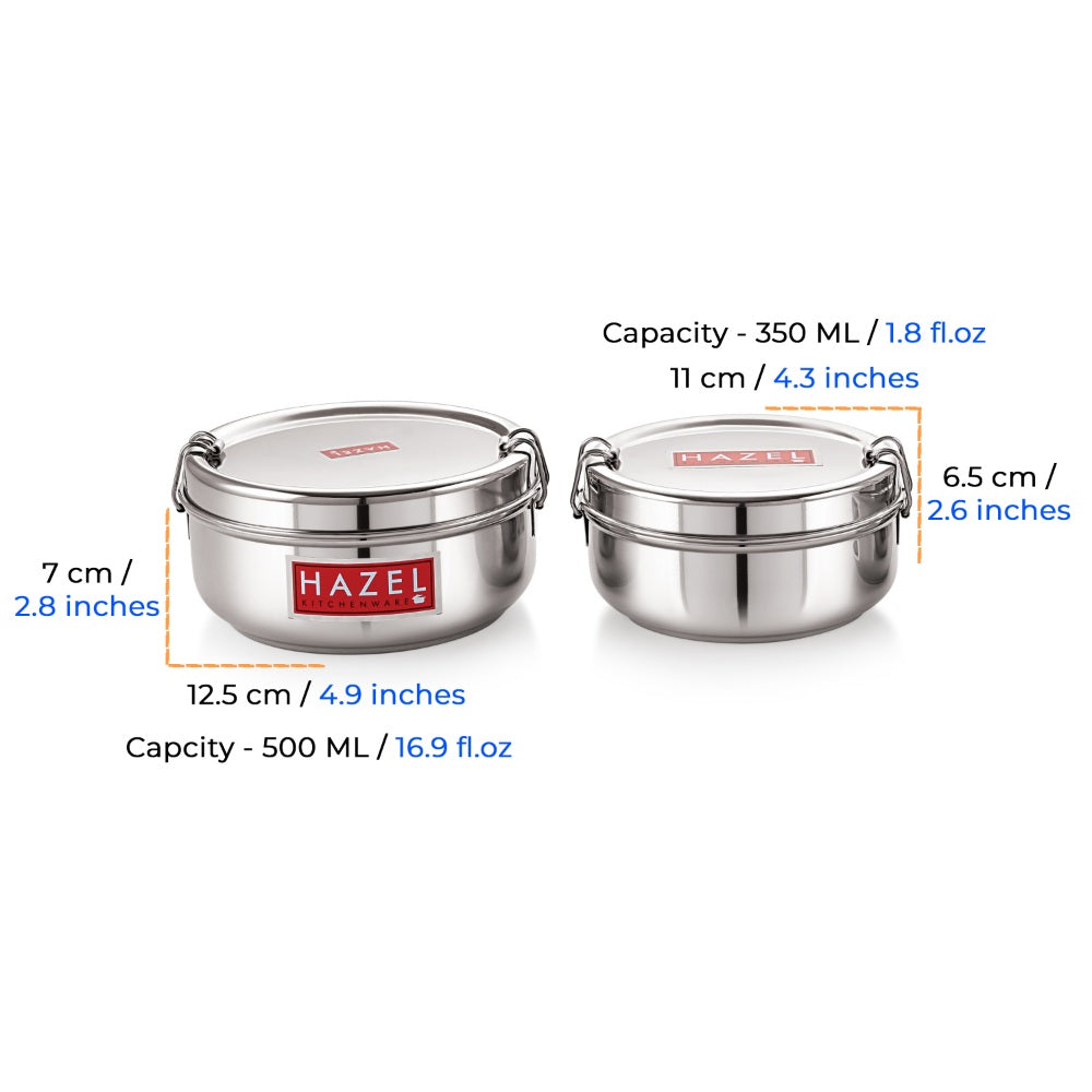 Two tiffin boxes annotated with capacity and dimension callouts in cm and inches.