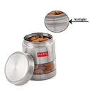 Single open container of almonds with its lid and an inset zoom labelled Airtight.