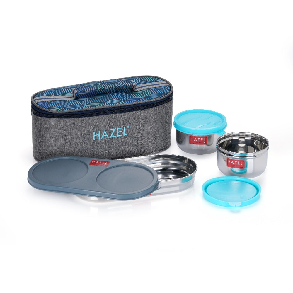 Stainless Steel Tiffin Box Set of 3 (2 Pc - 300 ML Each, 450 ML Roti Dabba With Bag)