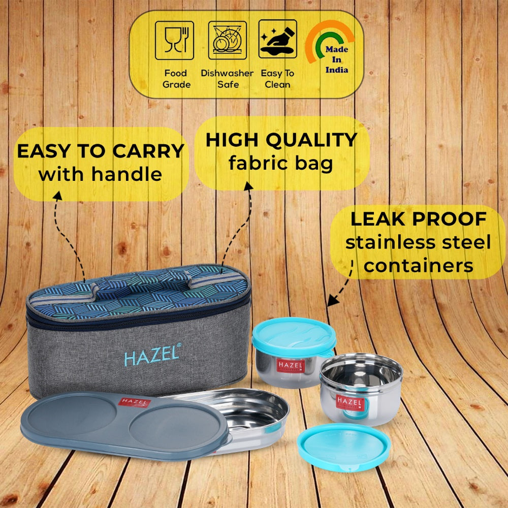 Stainless Steel Tiffin Box Set of 3 (2 Pc - 300 ML Each, 450 ML Roti Dabba With Bag)