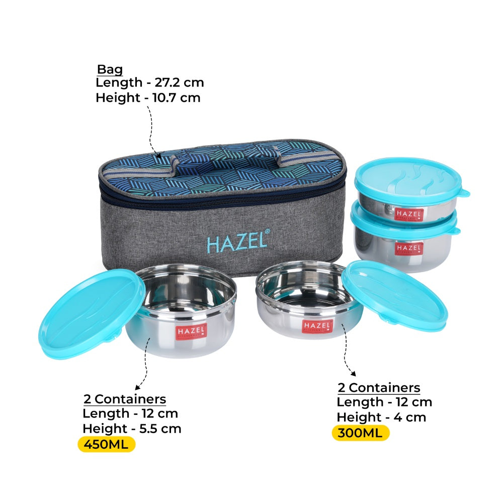 Airtight Steel Lunch Box (2 Pc - 450 ML, 2 Pc -300 ML)