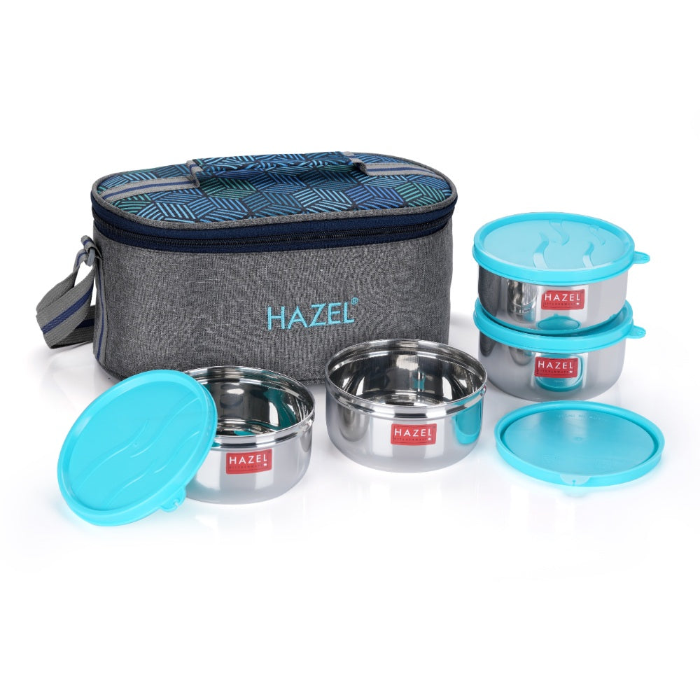 Steel Tiffin box set with Lunch Bag |4 Leak Proof Lunch Box - 450 ML Each.