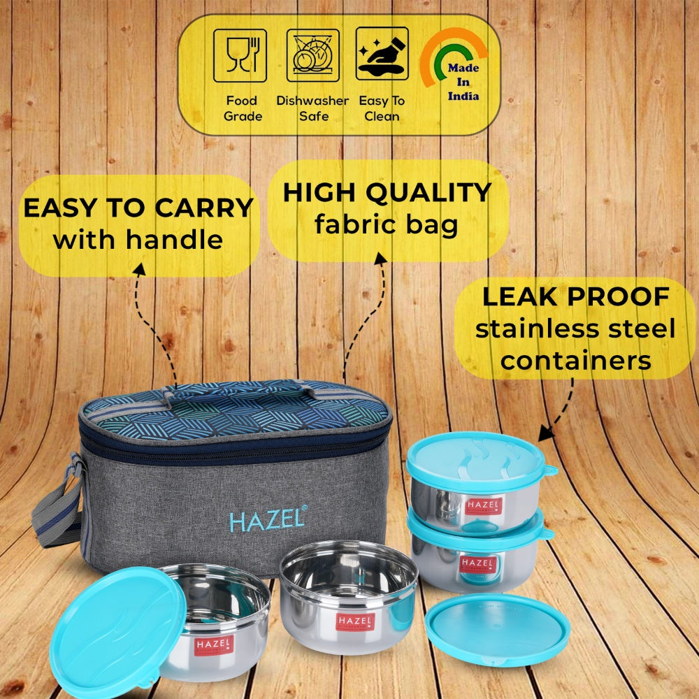 Steel Tiffin box set with Lunch Bag |4 Leak Proof Lunch Box - 450 ML Each.