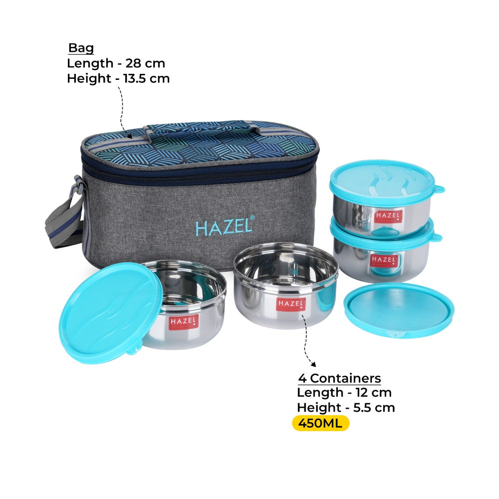 Steel Tiffin box set with Lunch Bag |4 Leak Proof Lunch Box - 450 ML Each.