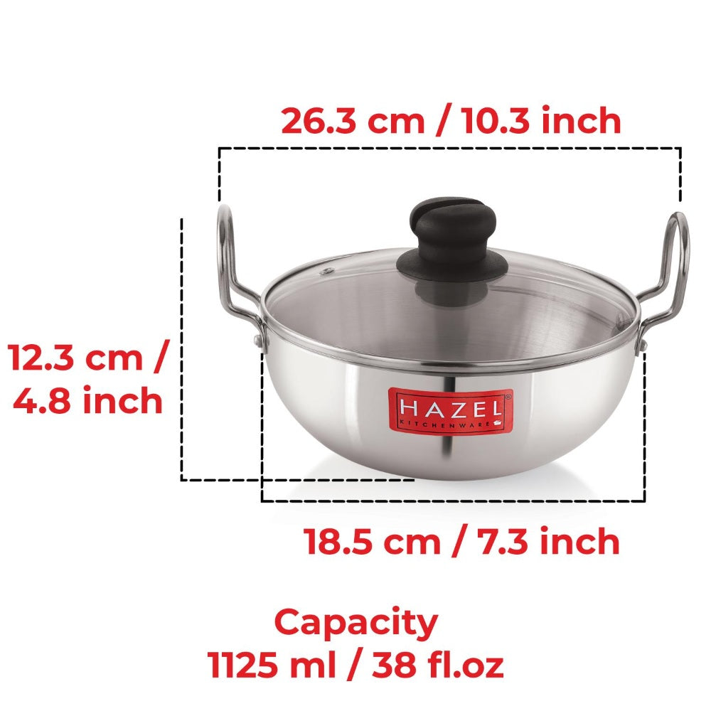 4mm Aluminium Kadai With Glass Lid -   1125 ML, 19cm