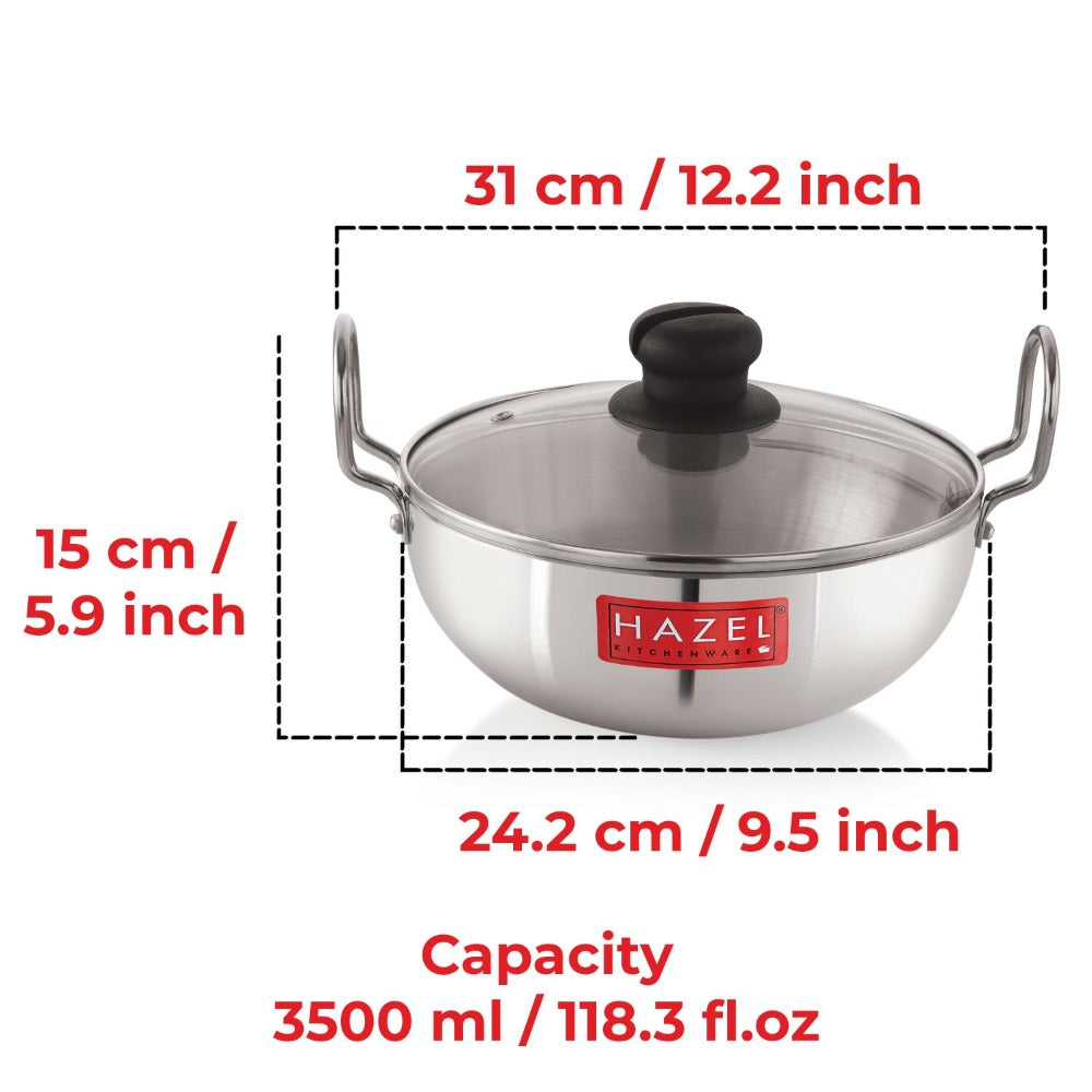 4mm Aluminium Kadai With Glass Lid -   3500 ML, 24.5cm