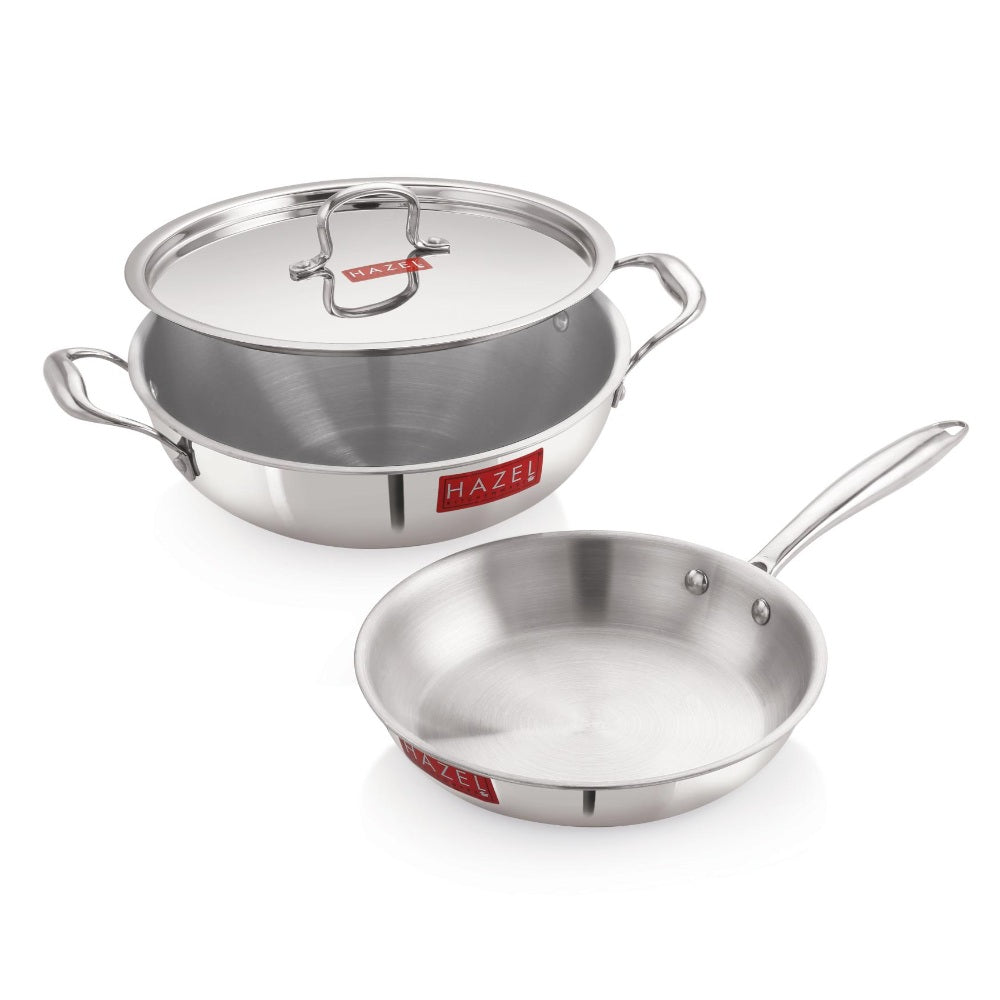Triply Stainless Steel Induction Kadhai(3 L) with Lid & Fry Pan (1.5 L)