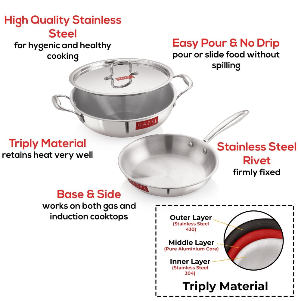 Triply Stainless Steel Induction Kadhai(3 L) with Lid & Fry Pan (1.5 L)