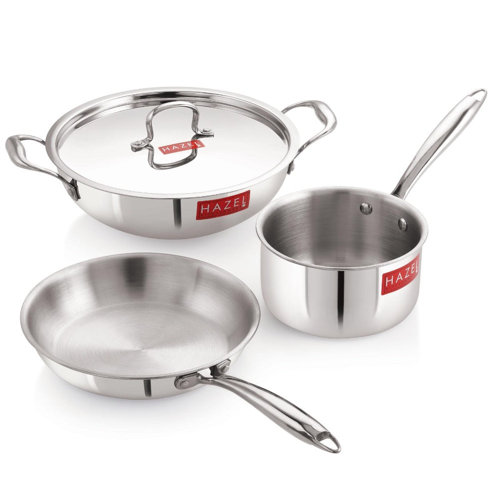 Triply Stainless Steel Induction Fry Pan (1.5 L), Kadhai (3 L) with Lid & Sauce Pan (1.6 L)