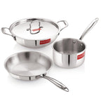 Triply Stainless Steel Induction Fry Pan (1.5 L), Kadhai (3 L) with Lid & Sauce Pan (1.6 L)