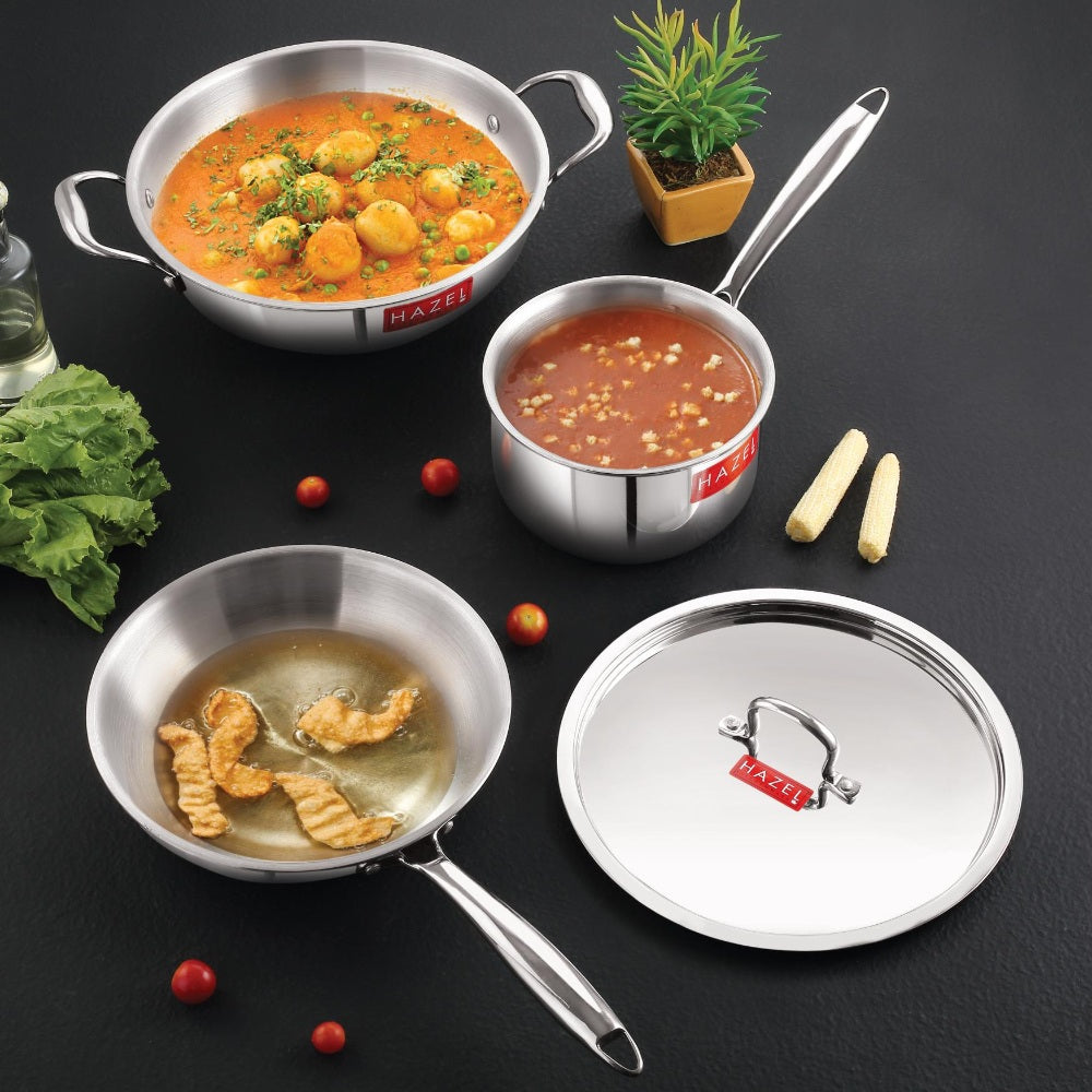 Triply Stainless Steel Induction Fry Pan (1.5 L), Kadhai (3 L) with Lid & Sauce Pan (1.6 L)