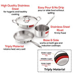 Triply Stainless Steel Induction Fry Pan (1.5 L), Kadhai (3 L) with Lid & Sauce Pan (1.6 L)