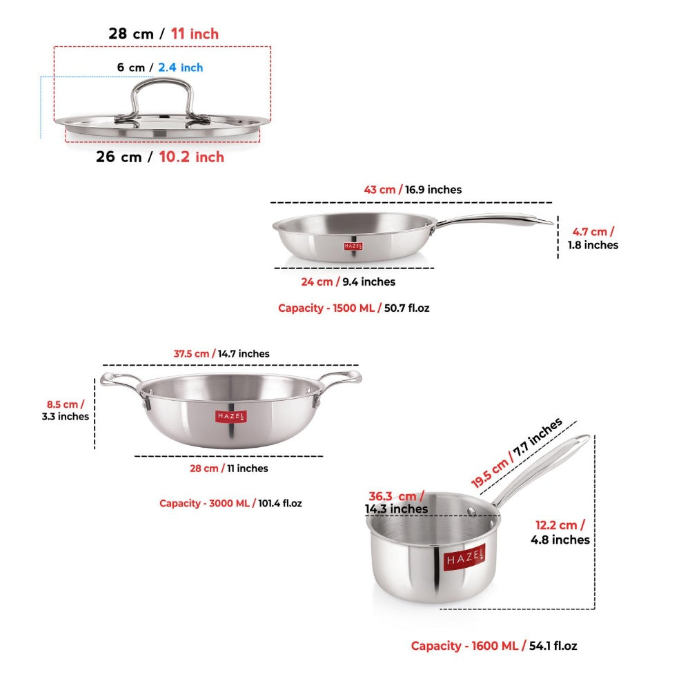 Triply Stainless Steel Induction Fry Pan (1.5 L), Kadhai (3 L) with Lid & Sauce Pan (1.6 L)