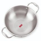 Empty stainless steel triply induction kadai with two riveted steel handles shown on a plain white background.