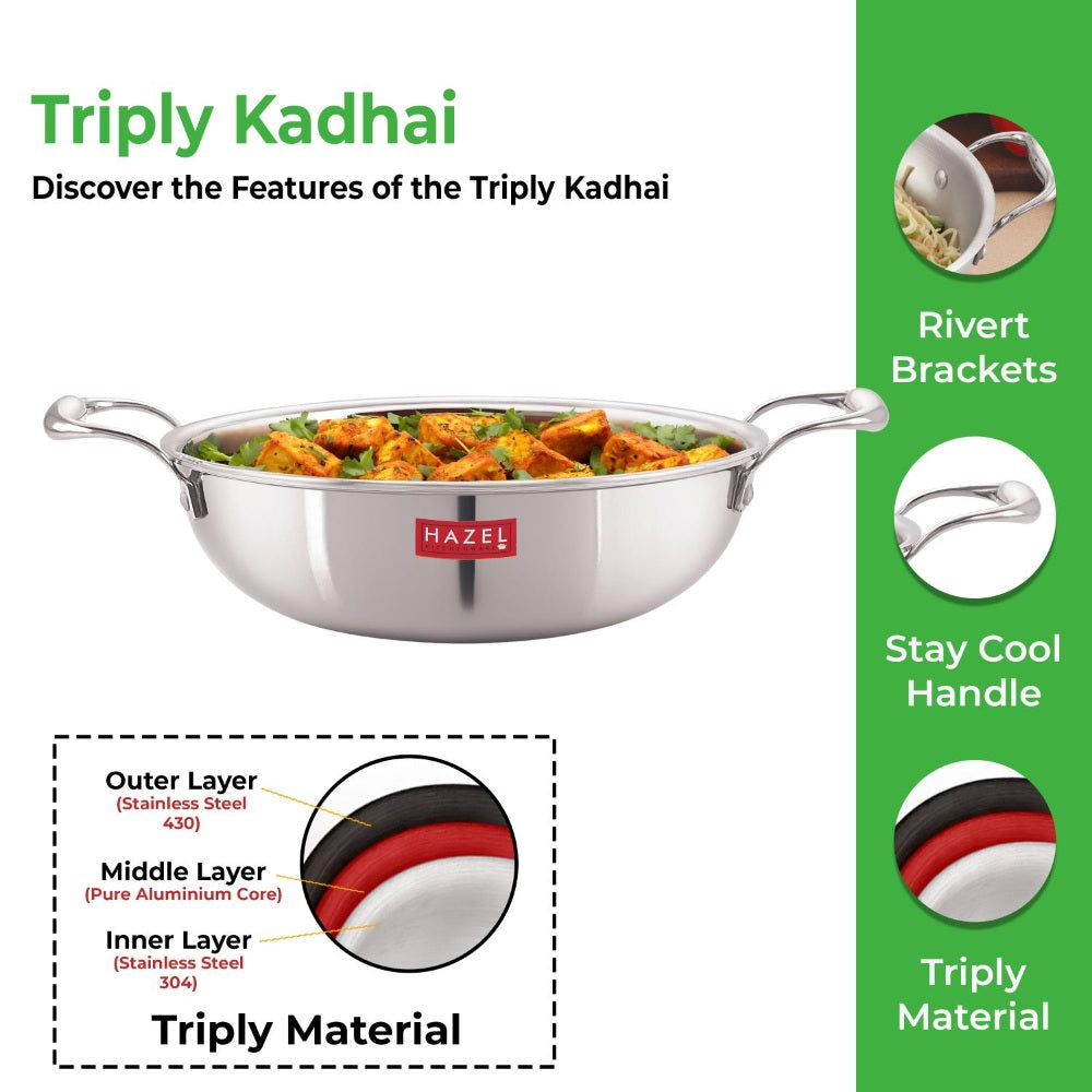 the kadai with food and side panels for rivet brackets, handle and a triply material cutaway diagram of steel.