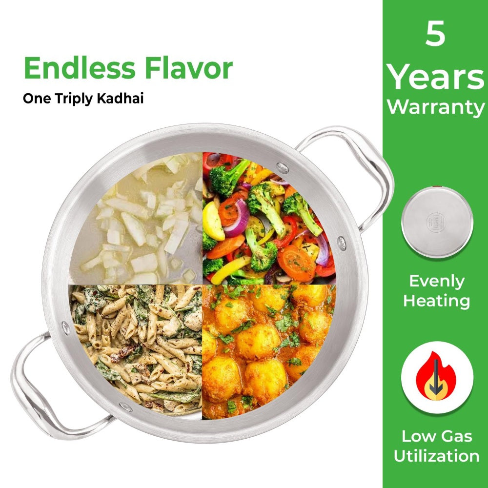 'Endless Flavor' and '' text showing a kadai divided into four food quadrants plus evenly heating.