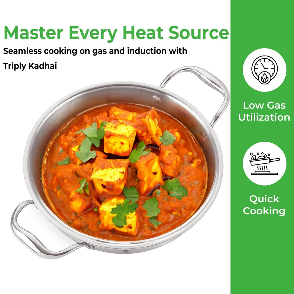 Triply steel kadai filled with paneer butter masala garnished with coriander, with green 'Master Every Heat.
