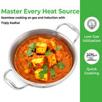 Triply steel kadai filled with paneer butter masala garnished with coriander, with green 'Master Every Heat.