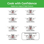 'Cook with Confidence' range infographic showing eight triply kadai sizes from 18.5 cm to 38.8 cm with capacity.