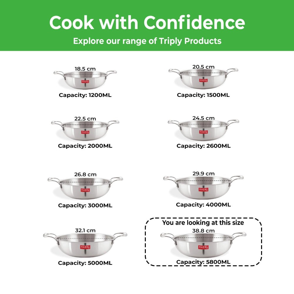 'Cook with Confidence' range infographic showing eight triply kadai sizes from 18.5 cm to 38.8 cm with capacity.