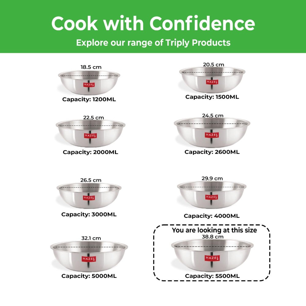 Triply Stainless Steel Induction Tasra with Steel Lid – 5.5 L, 33.8 cm