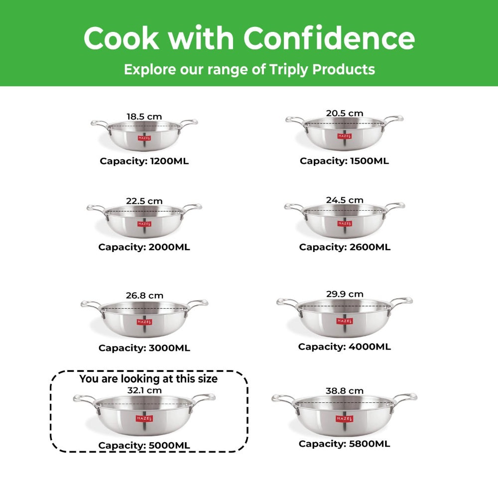 Triply Stainless Steel Induction Kadai with Steel Lid – 5 L, 31.9 cm