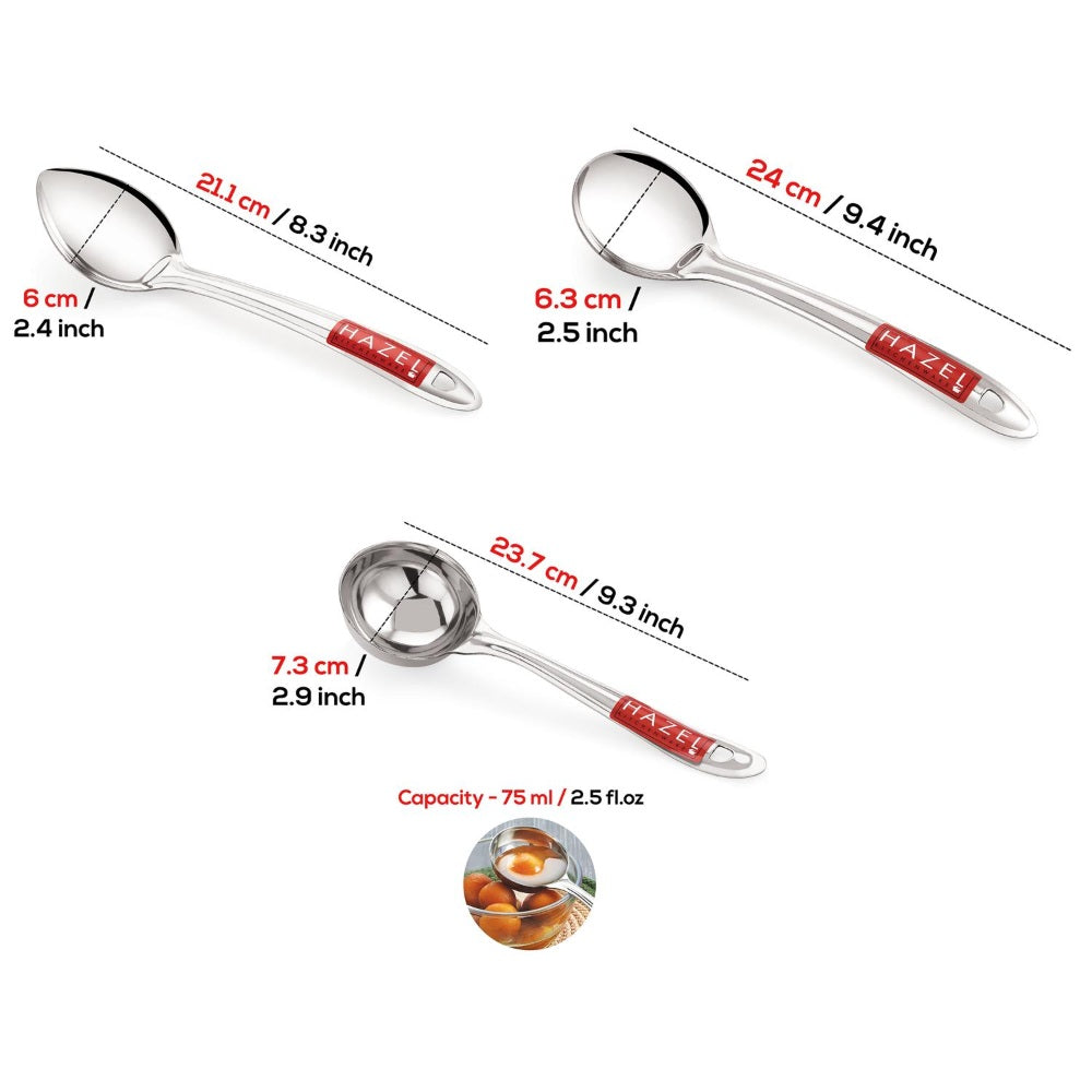 Stainless Steel Ladle, Oval Shape Spoon, Pan Shape Spoon -  Set of 3