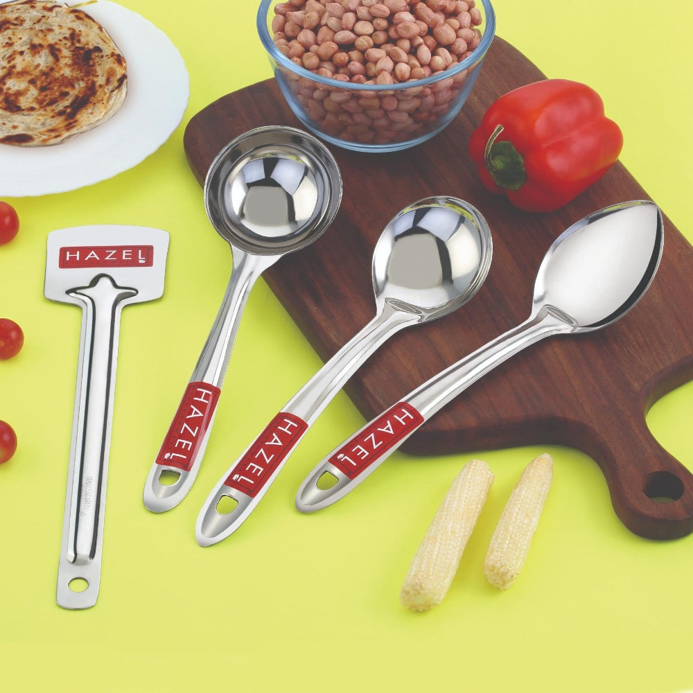 Stainless Steel Tavetha, Ladle, Oval Spoon, Pan Spoon - Set of 4
