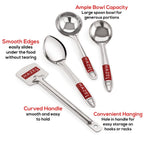 Graphic with red text callouts describing ample bowl capacity, smooth edges, curved handle, and convenient hanging.