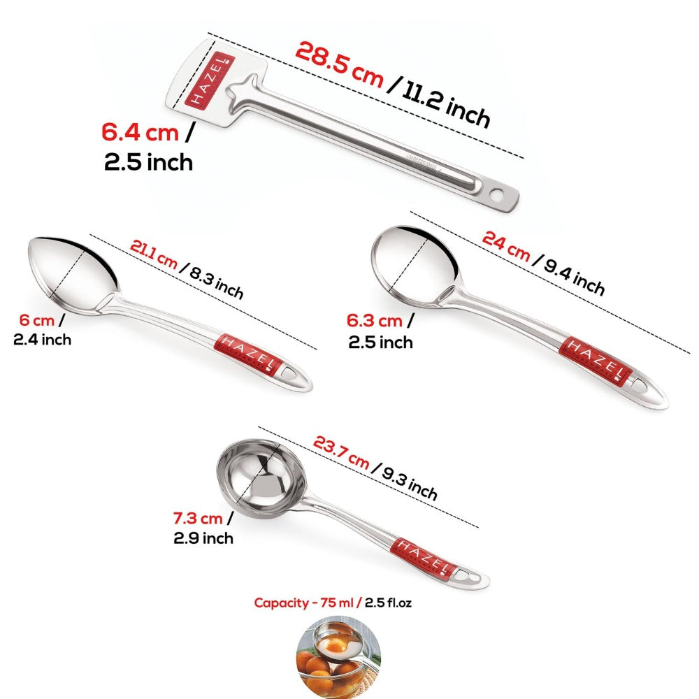 Each of the four utensils annotated with its length and bowl diameter in cm/inches, plus a 75 ml capacity note.