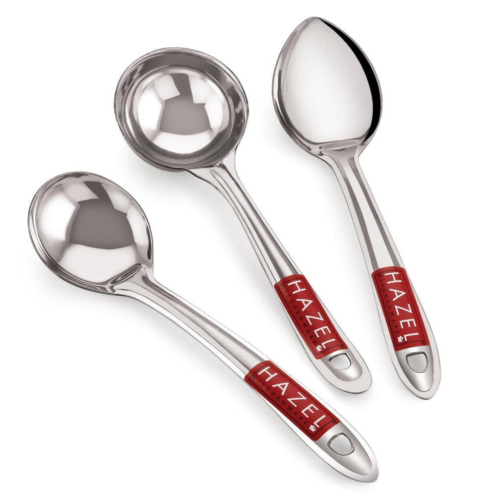 Three steel ladle and spoon utensils arranged side by side on a white background, without the turner.