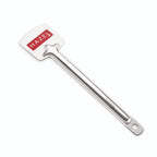 Stainless steel flat turner with a long handle and hanging hole, shown diagonally on white.