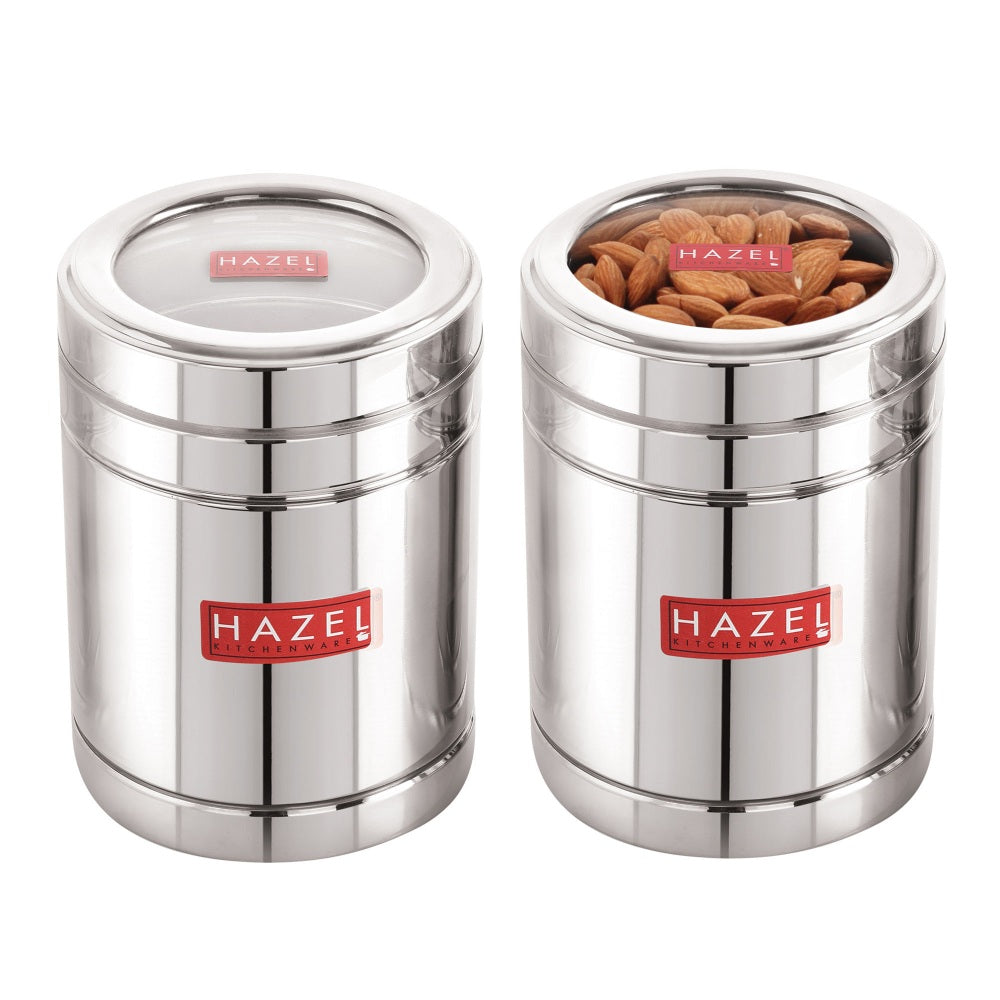 Steel Container With Transparent Lid for Snacks, Set of 2 (1400 ML Each)