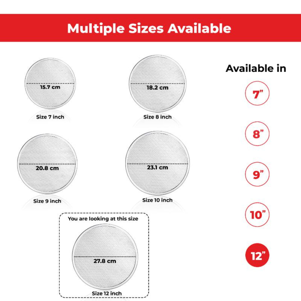 titled Multiple Sizes Available showing five tray sizes from 7 to 12 inch with the 12 inch size highlighted as the.