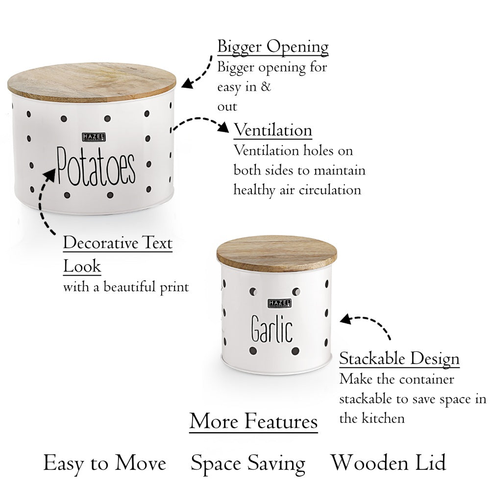 Garlic Potato Storage Box with Wooden Lid, Set of 2