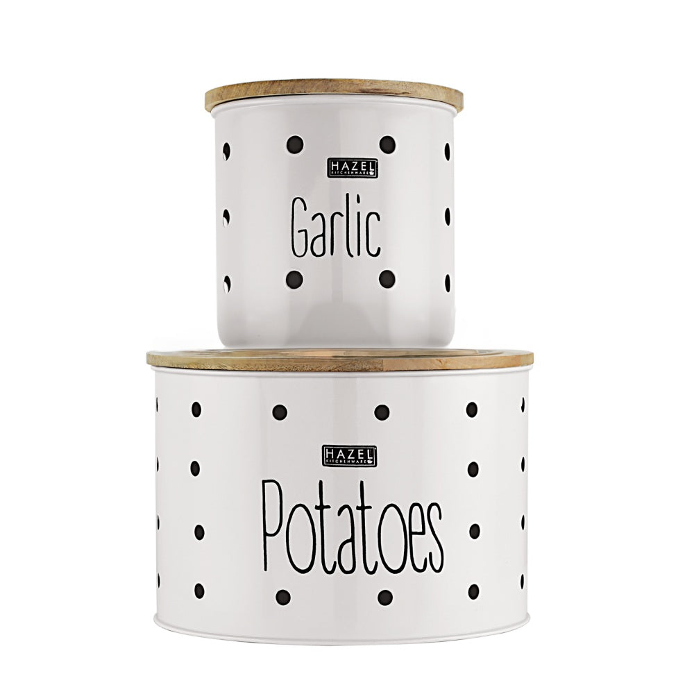 Garlic Potato Storage Box with Wooden Lid, Set of 2