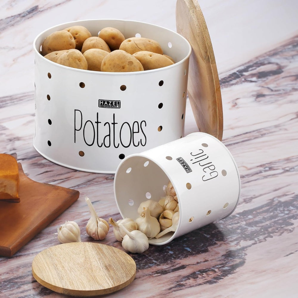 Garlic Potato Storage Box with Wooden Lid, Set of 2